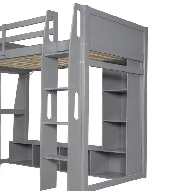 Lit mezzanine double de jeu avec bureau et LED, cadre de lit mezzanine en bois avec étagères de rangement et une penderie suspendue