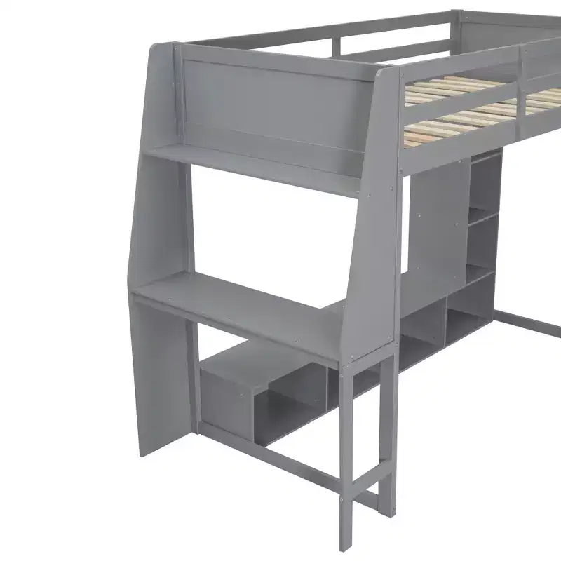 Lit mezzanine double de jeu avec bureau et LED, cadre de lit mezzanine en bois avec étagères de rangement et une penderie suspendue