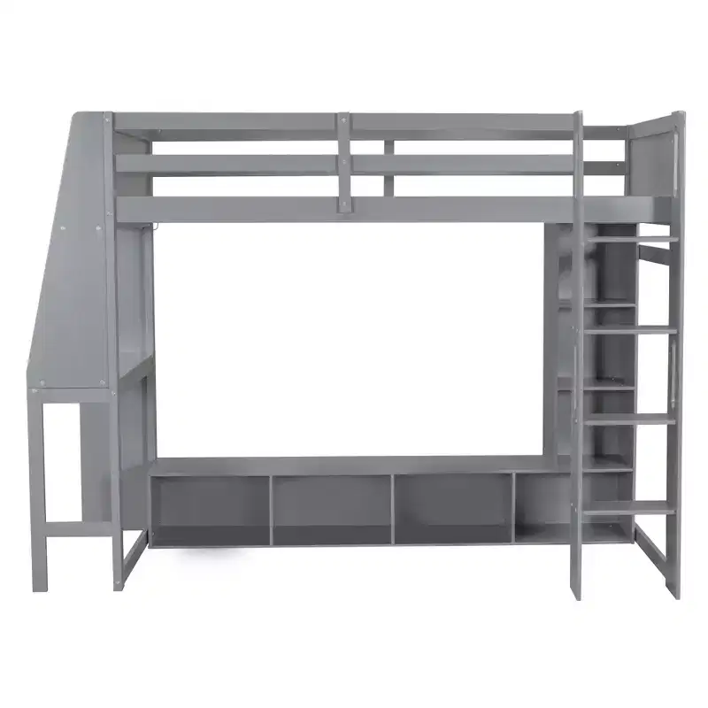 Lit mezzanine double de jeu avec bureau et LED, cadre de lit mezzanine en bois avec étagères de rangement et une penderie suspendue