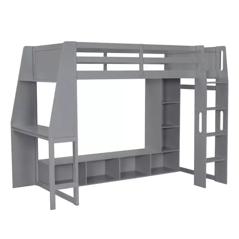 Lit mezzanine double de jeu avec bureau et LED, cadre de lit mezzanine en bois avec étagères de rangement et une penderie suspendue