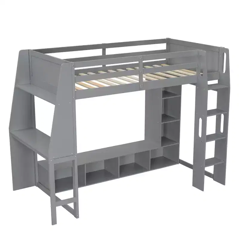 Lit mezzanine double de jeu avec bureau et LED, cadre de lit mezzanine en bois avec étagères de rangement et une penderie suspendue