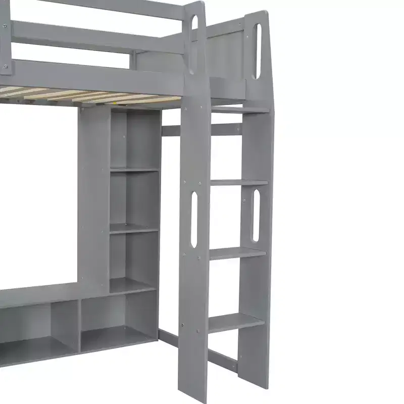 Lit mezzanine double de jeu avec bureau et LED, cadre de lit mezzanine en bois avec étagères de rangement et une penderie suspendue