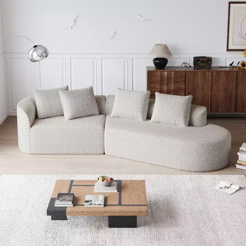 Canapé nuage incurvé 4 places extra profond et large en chenille kaki de 284 cm avec 4 coussins, canapé modulable pour salon