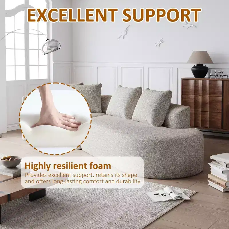 Canapé nuage incurvé 4 places extra profond et large en chenille kaki de 284 cm avec 4 coussins, canapé modulable pour salon