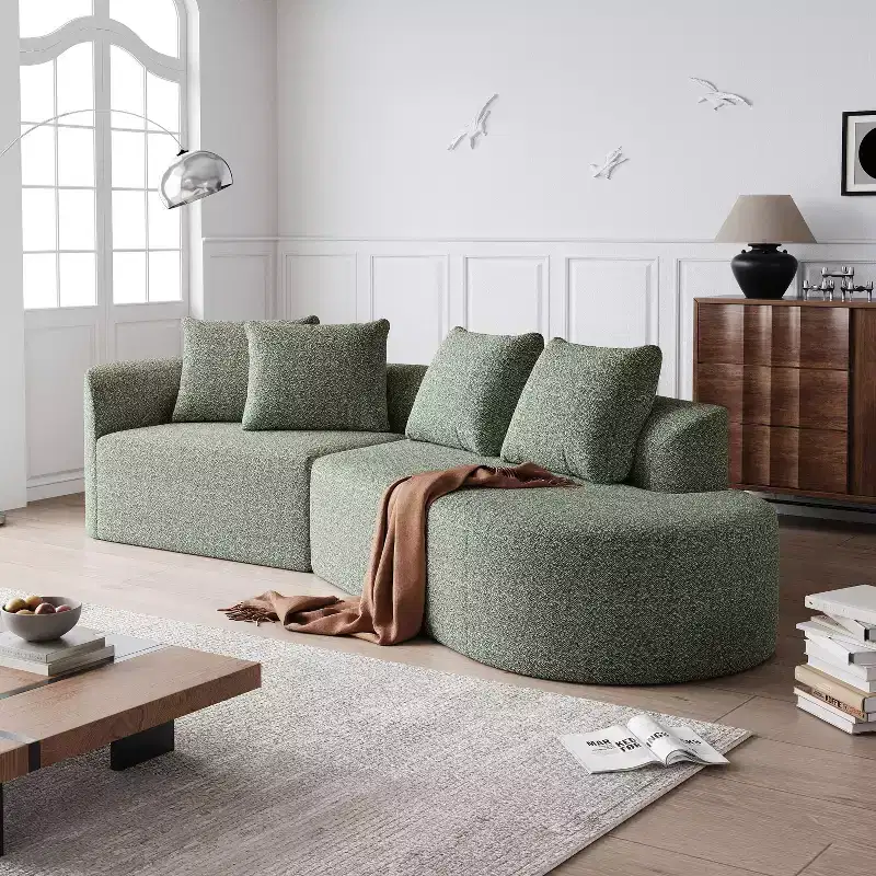 Canapé nuage incurvé 4 places extra profond et large en chenille kaki de 284 cm avec 4 coussins, canapé modulable pour salon