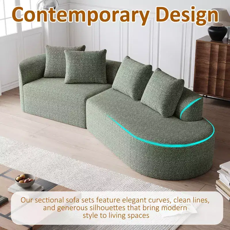 Canapé nuage incurvé 4 places extra profond et large en chenille kaki de 284 cm avec 4 coussins, canapé modulable pour salon