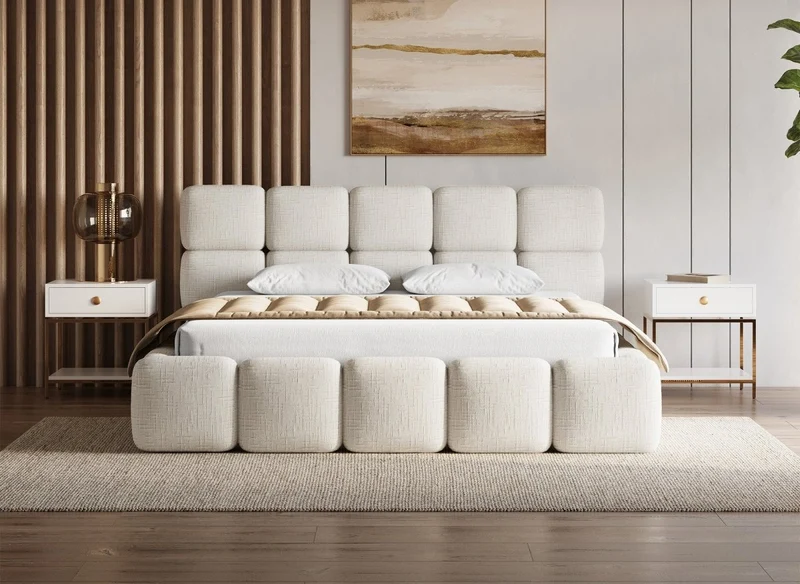 Lit coffre en velours chiné beige 180x200 cm BUBBLE
