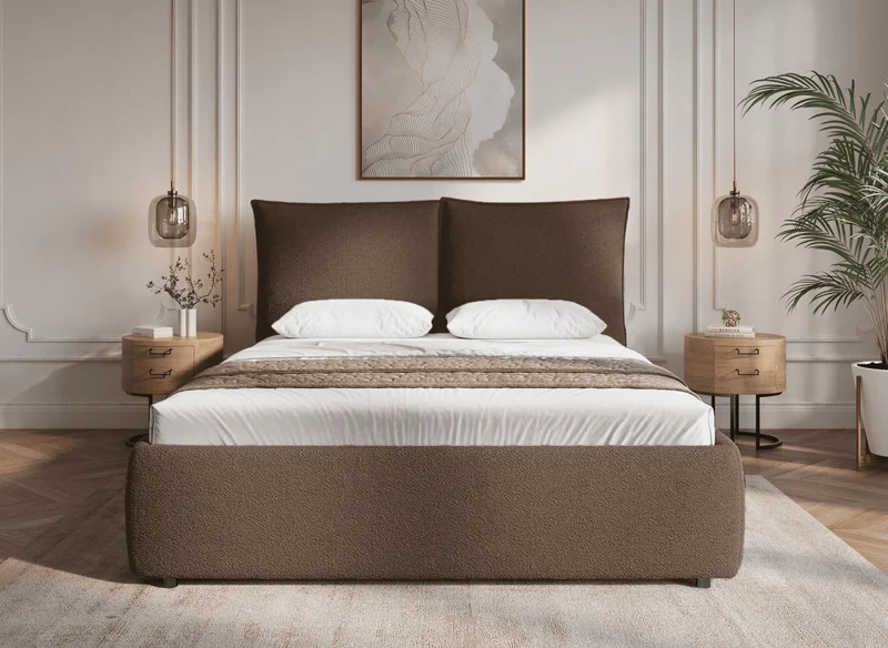 Lit coffre en tissu bouclette marron 180x200 cm MELY