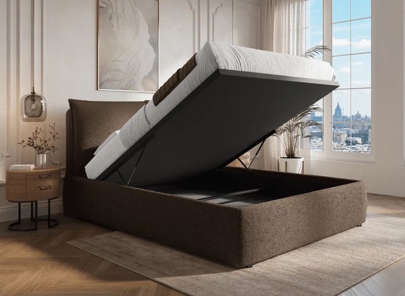 Lit coffre en tissu bouclette marron 160x200 cm MELY