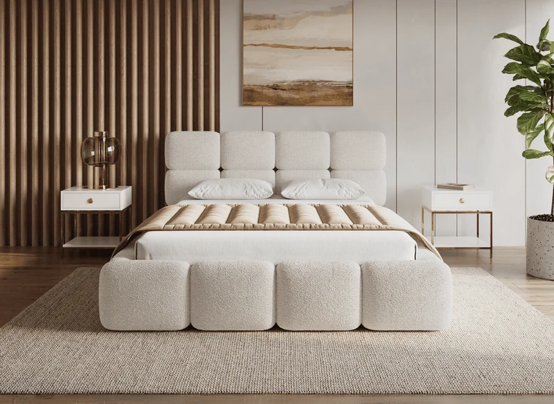 Lit coffre en tissu bouclette beige 160x200 cm BUBBLE