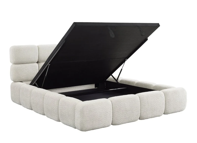 Lit coffre en tissu bouclette beige 160x200 cm BUBBLE