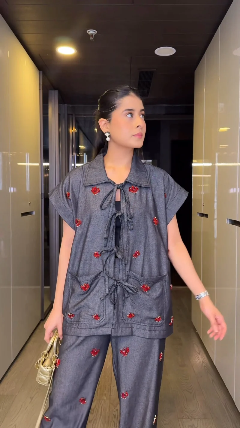 Cherry Code Denim Co-ord Set (As Seen on Rhea Kalra)