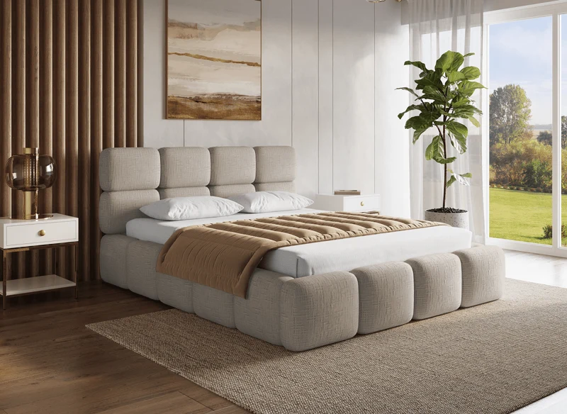 Lit coffre en velours chiné taupe 160x200 cm BUBBLE