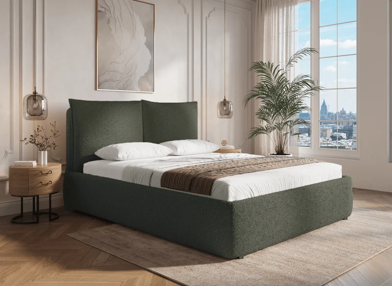 Lit coffre en tissu bouclette vert olive 140x190 cm MELY