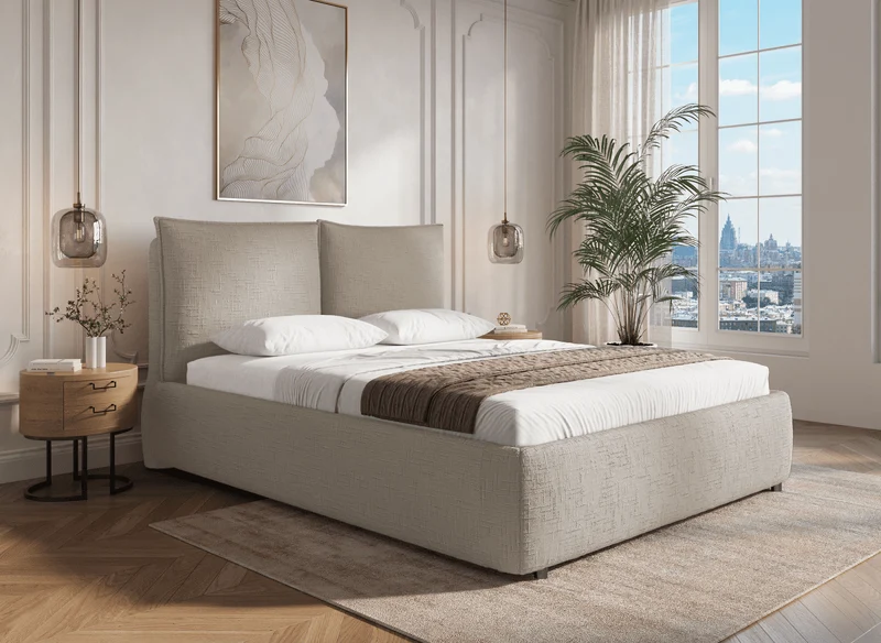 Lit coffre en velours chiné taupe 160x200 cm MELY