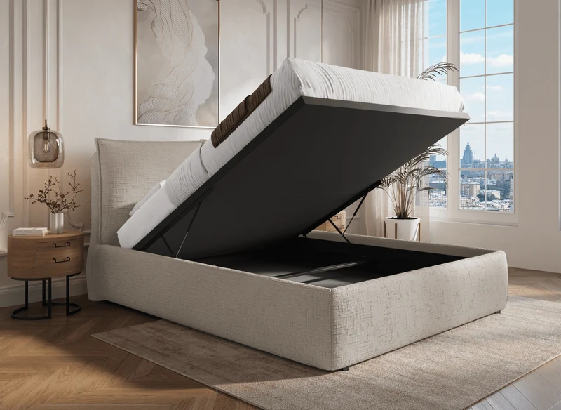 Lit coffre en velours chiné taupe 160x200 cm MELY