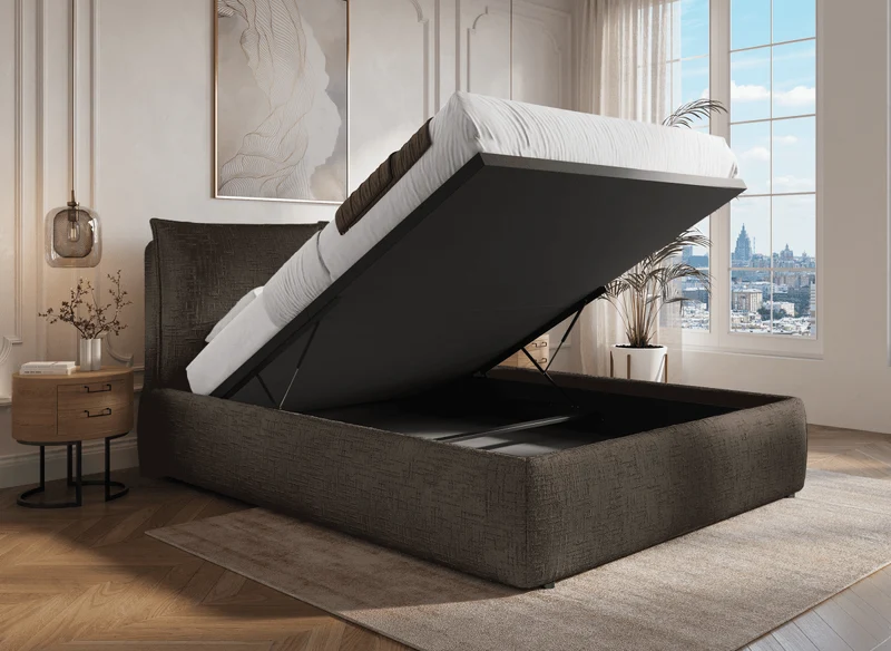 Lit coffre en velours chiné marron 160x200 cm MELY