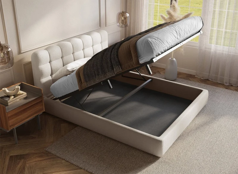 Lit coffre en tissu bouclette beige 180x200 cm BISCUIT