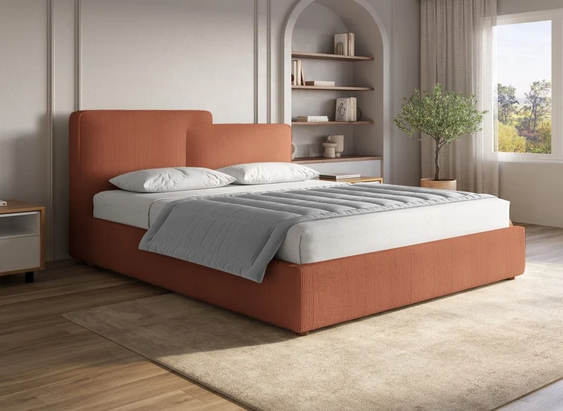 Lit coffre en velours côtelé terracotta 160x200 cm ZELIA