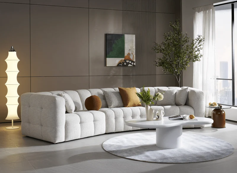 Canapé droit fixe 6 places en velours texturé beige ARELIA
