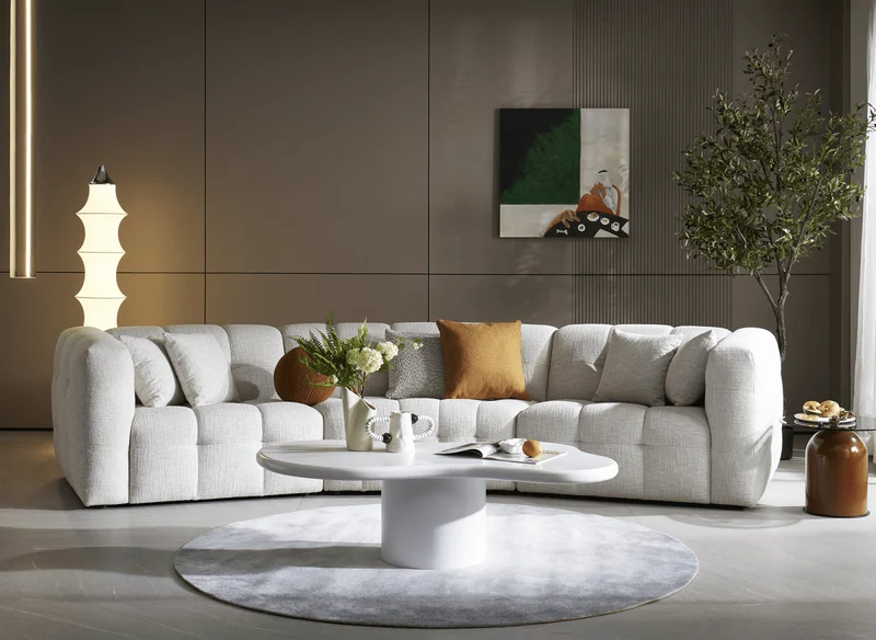 Canapé droit fixe 6 places en velours texturé beige ARELIA