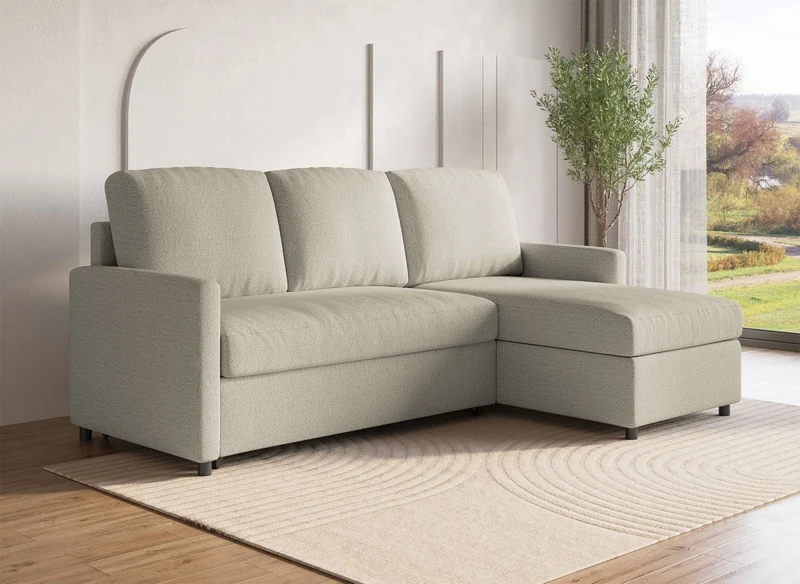 Canapé d'angle réversible convertible coffre de rangement en tissu beige ADAM