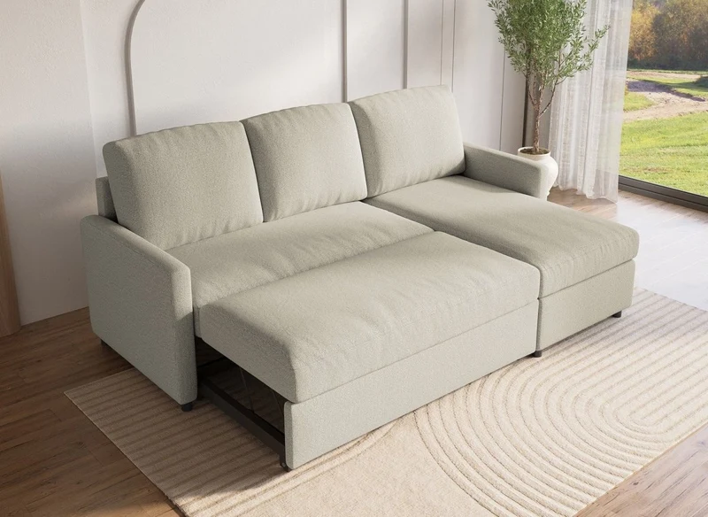 Canapé d'angle réversible convertible coffre de rangement en tissu beige ADAM