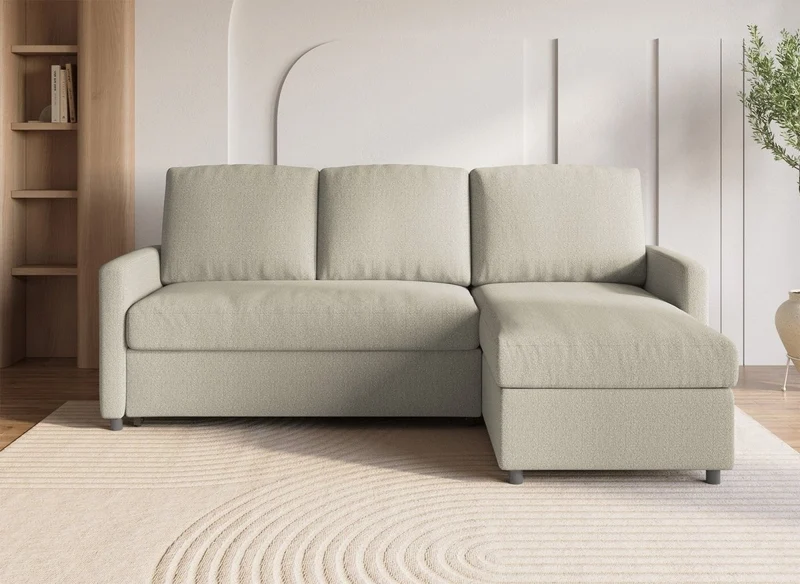 Canapé d'angle réversible convertible coffre de rangement en tissu beige ADAM