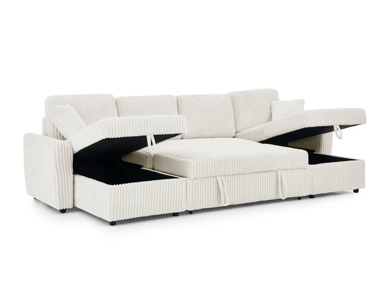 Canapé panoramique convertible avec coffres en velours côtelé épais beige ADRYEN