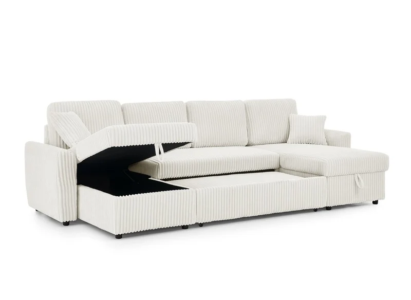 Canapé panoramique convertible avec coffres en velours côtelé épais beige ADRYEN