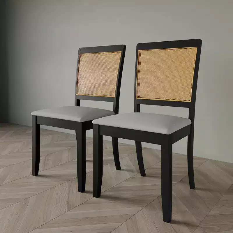 Lot de 2 chaises de salle à manger noires en bois avec canne, housse gris clair