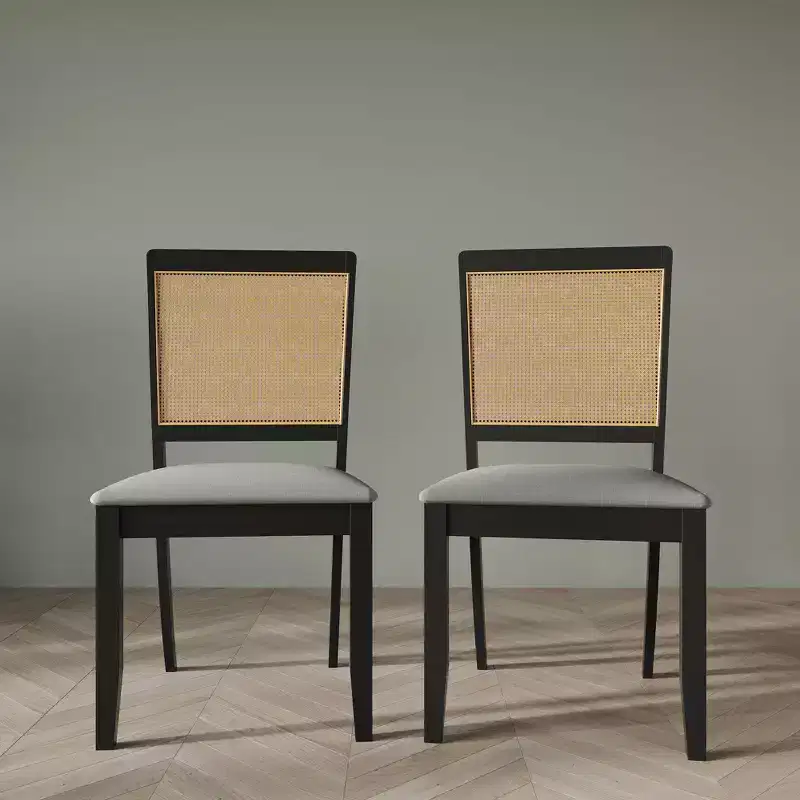 Lot de 2 chaises de salle à manger noires en bois avec canne, housse gris clair