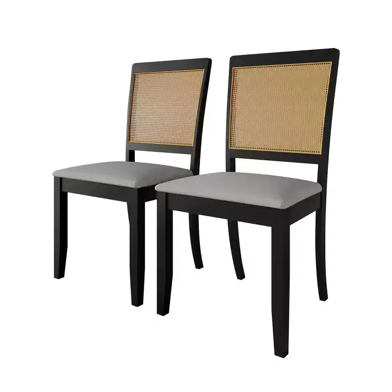 Lot de 2 chaises de salle à manger noires en bois avec canne, housse gris clair