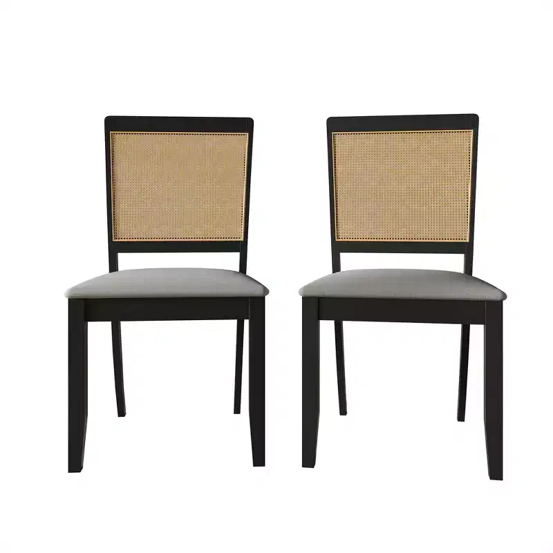 Lot de 2 chaises de salle à manger noires en bois avec canne, housse gris clair