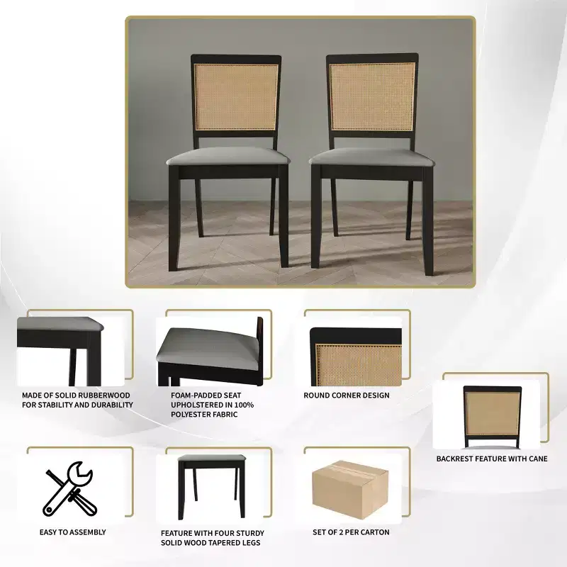 Lot de 2 chaises de salle à manger noires en bois avec canne, housse gris clair
