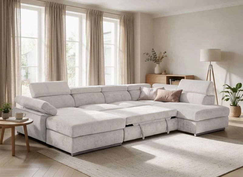 Canapé panoramique convertible avec coffre en velours chiné beige MARIANO- Angle gauche