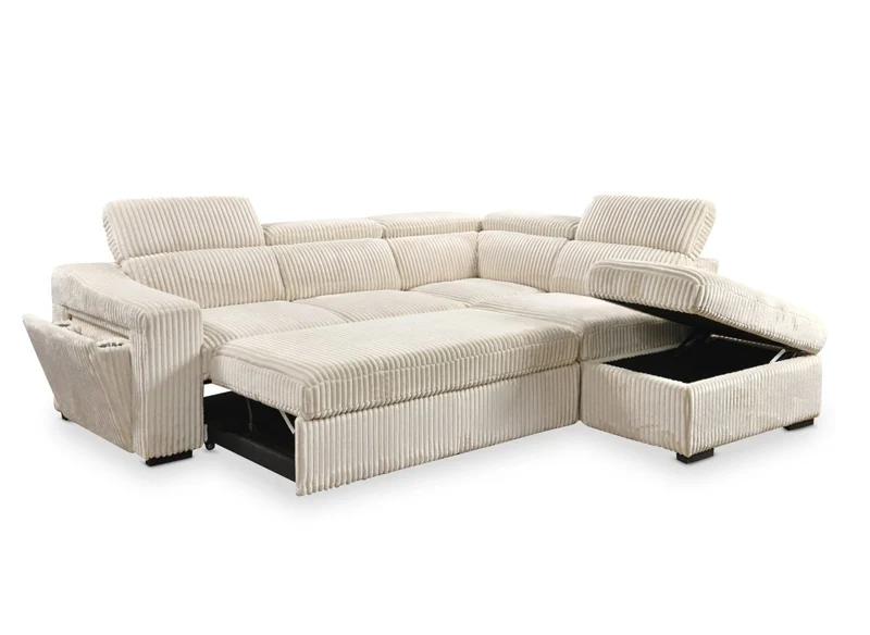 Canapé d'angle convertible avec coffre en velours côtelé beige MARTY - Angle droit