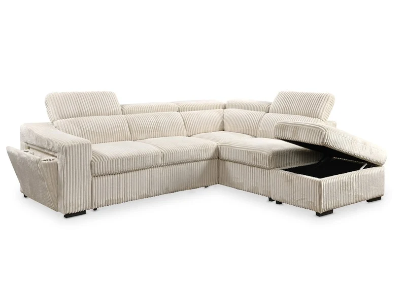 Canapé d'angle convertible avec coffre en velours côtelé beige MARTY - Angle droit