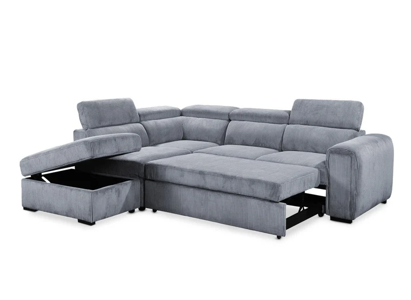 Canapé d'angle convertible avec coffre en velours côtelé épais gris ZENOVA - Angle gauche
