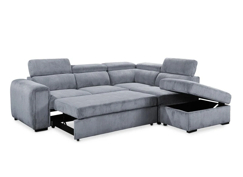 Canapé d'angle convertible avec coffre en velours côtelé épais gris ZENOVA - Angle droit