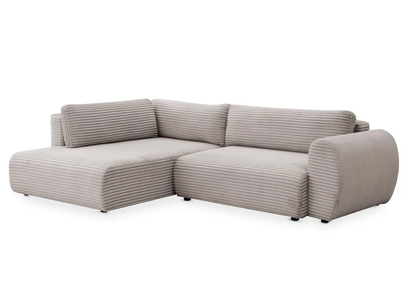 Canapé d'angle convertible avec méridienne et coffre en gros côtelé doux taupe TILDA - Angle gauche