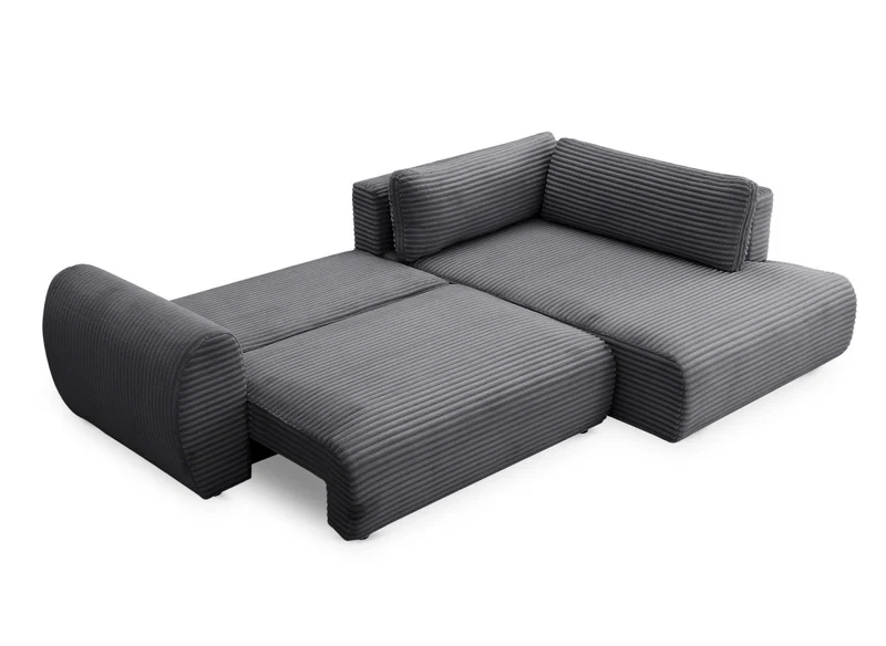Canapé d'angle convertible avec méridienne et coffre en gros côtelé gris TILDA - Angle droit