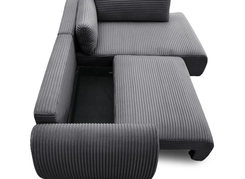 Canapé d'angle convertible avec méridienne et coffre en gros côtelé gris TILDA - Angle droit