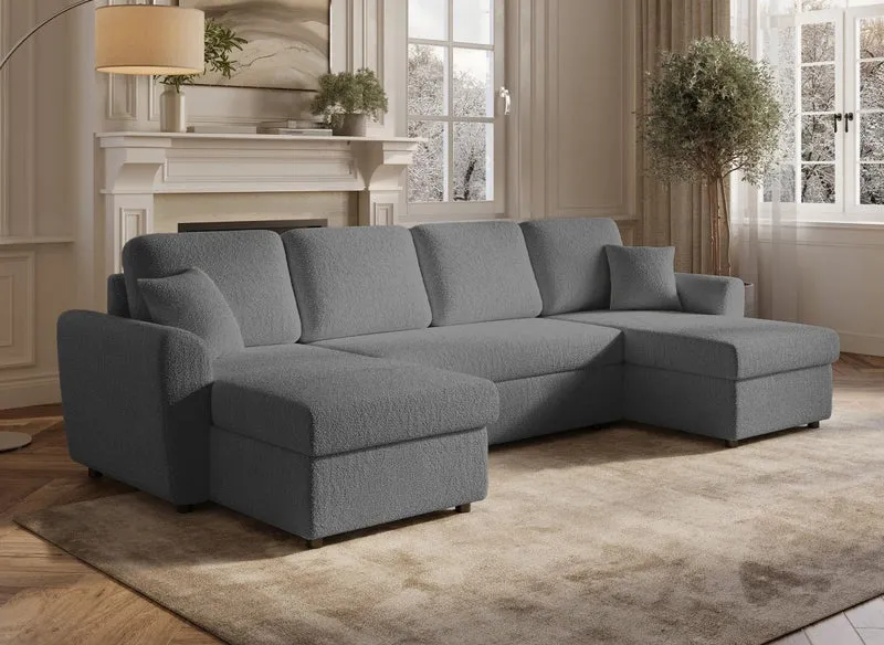 Canapé panoramique convertible avec coffres en tissu bouclette gris ADRYEN