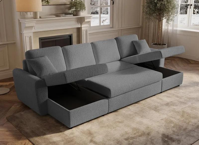 Canapé panoramique convertible avec coffres en tissu bouclette gris ADRYEN