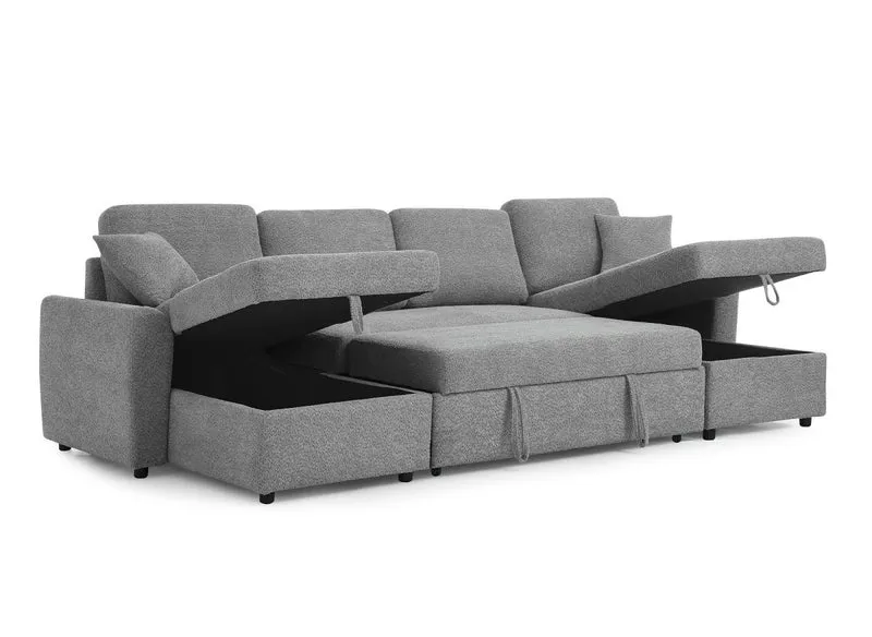 Canapé panoramique convertible avec coffres en tissu bouclette gris ADRYEN