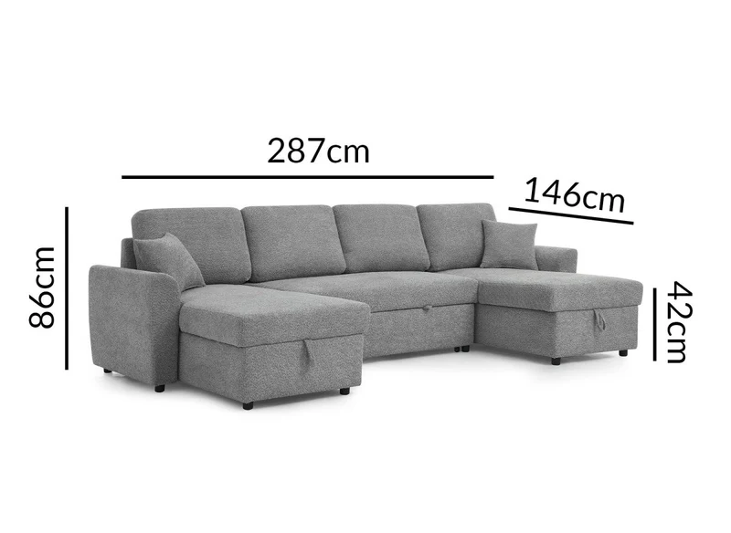 Canapé panoramique convertible avec coffres en tissu bouclette gris ADRYEN