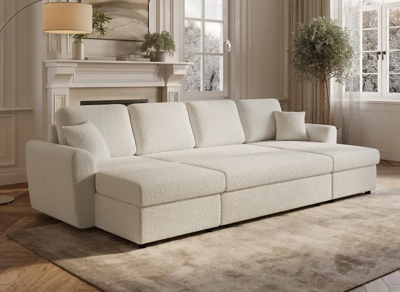 Canapé panoramique convertible avec coffres en tissu bouclette beige ADRYEN