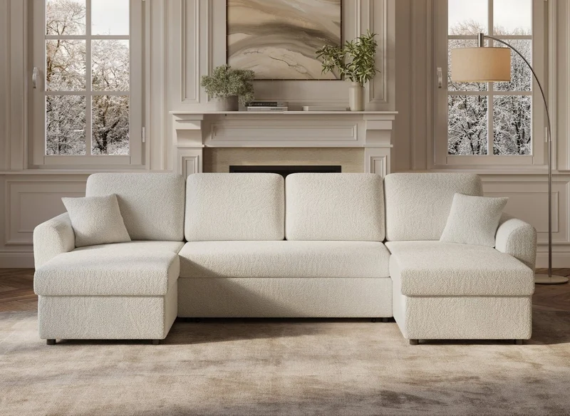 Canapé panoramique convertible avec coffres en tissu bouclette beige ADRYEN