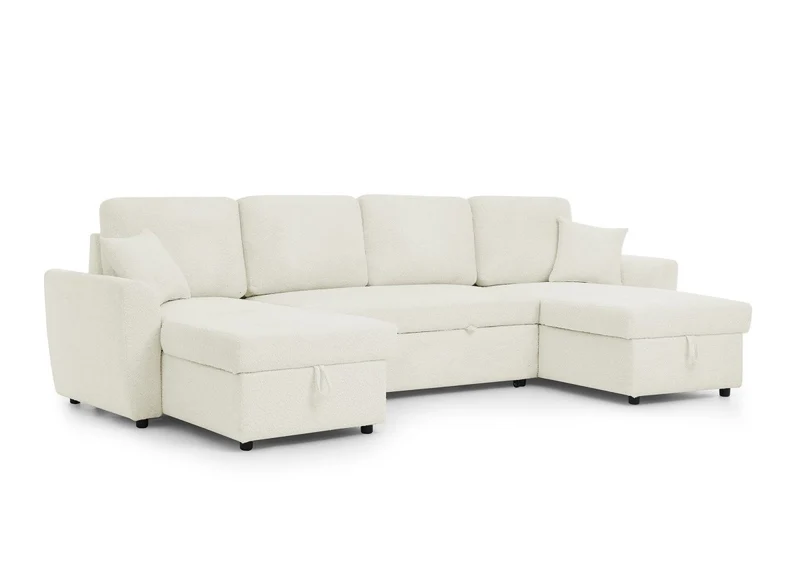 Canapé panoramique convertible avec coffres en tissu bouclette beige ADRYEN